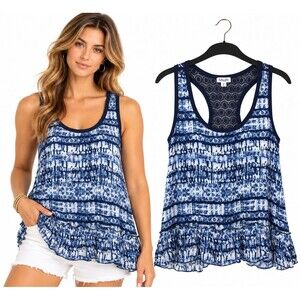 New Splendid Ruffle Hem Tank Top Size Large Blue White Print Lace Racerback Boho